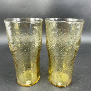 1930s Federal Glass Co Yellow Depression Glass Tumbler Madrid Pattern Set 2